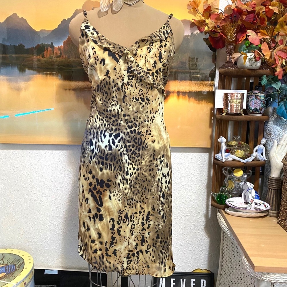 Vintage Kathie Lee Slip Dress fairy Leopard Y2K Women XL 16/18 beaded strap knot